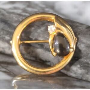 Gold Tone Brooch Pin with Rhinestone and Black Onyx